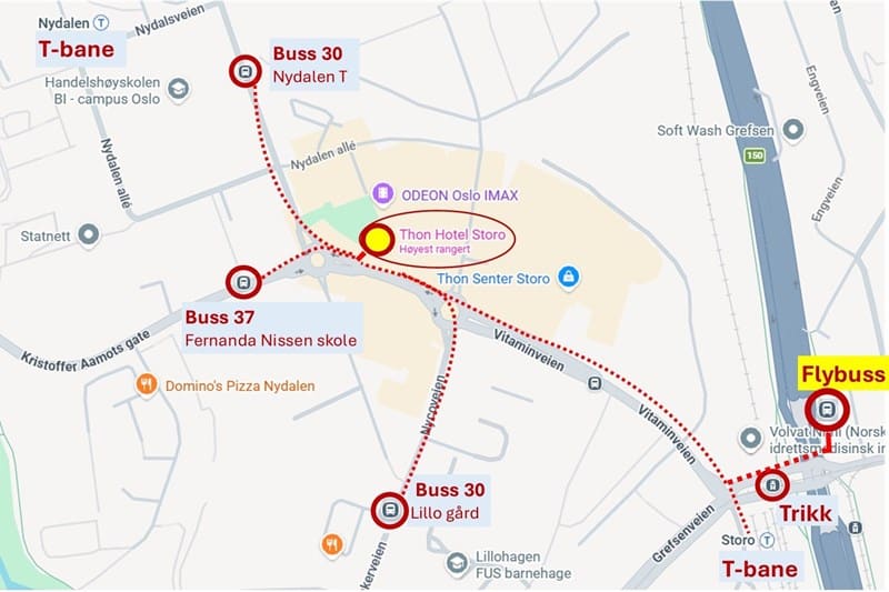 Kart over Storo-området som vider trikkestopp, t-banestopp, busstopp for buss 37 og 30