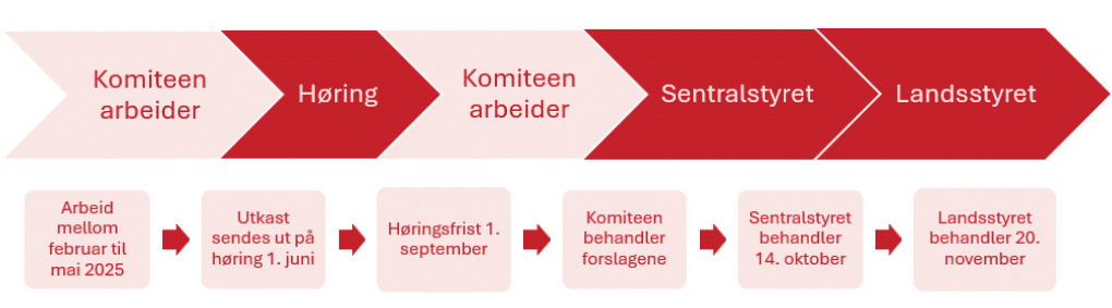 Visuell fremstilling av handlingsprogramkomiteens prosess mot landsmøtet inkl høringsperioden.