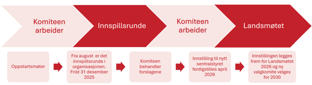Illustrasjon av valgkomiteens prosess fra oppstart til landsmøte