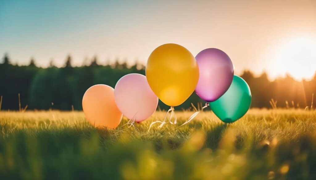 Ballonger foran bakgrunn av skog og jorder