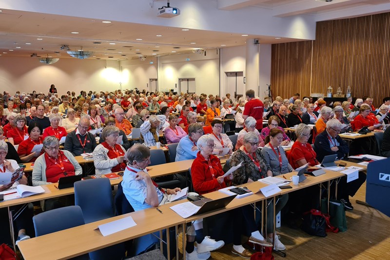 Bilde av en forsamling av delegater fra helselag og demensforeninger i Nasjonalforeningen for folkehelsen. Bilde er fra landsmøtet 2022 i Alta.